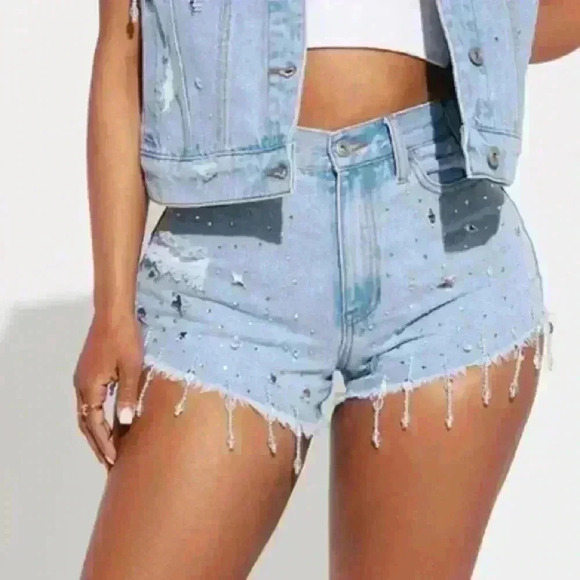 Embellished Crystals Denim Jeans Shorts Sz 1 - Picture 3 of 14